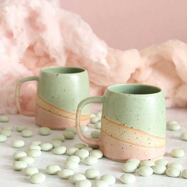 2 Cotton Candy stoneware mugs with mints and candyfloss