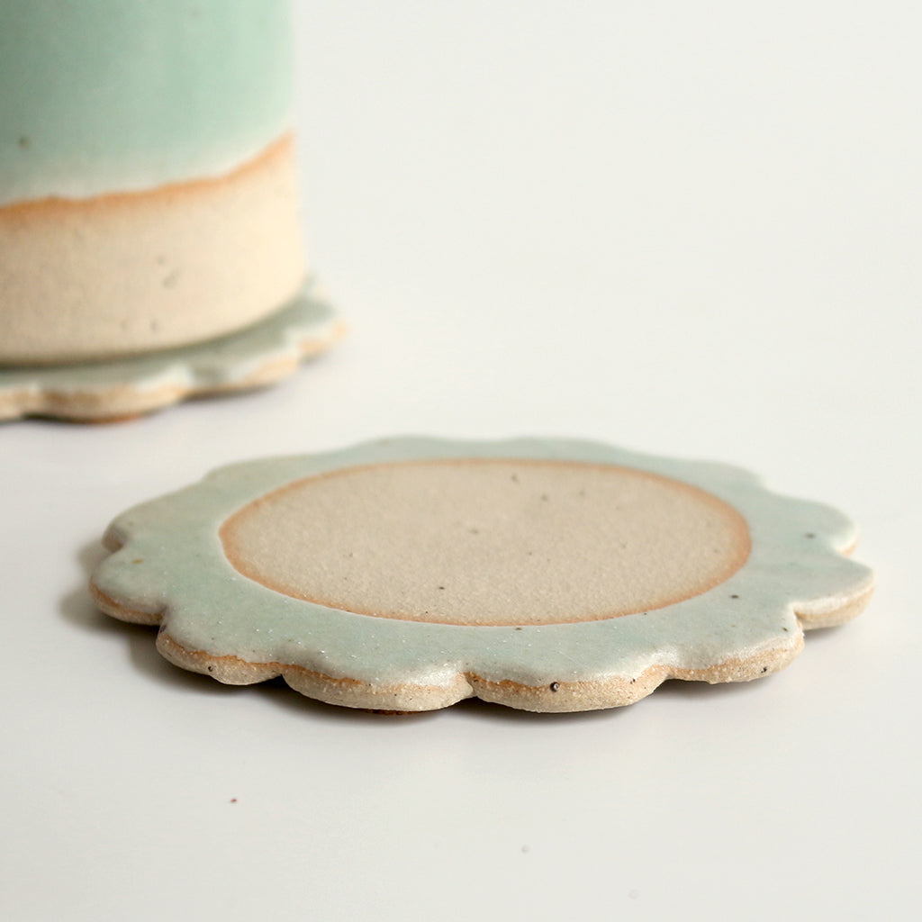 Handmade green ceramic flower drinks coaster