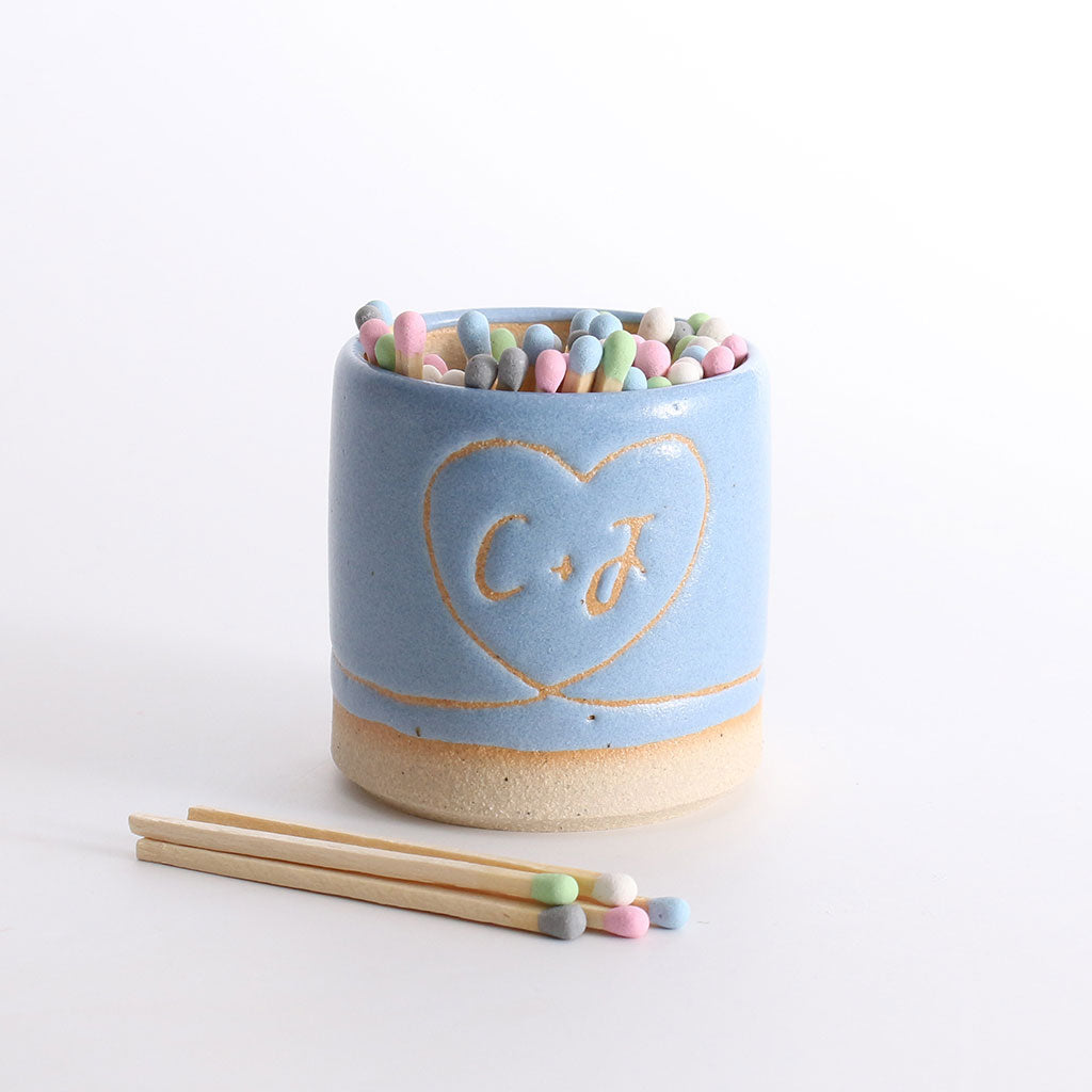 C+J It's A Match Personalised Match Striker Pot with pastel matches