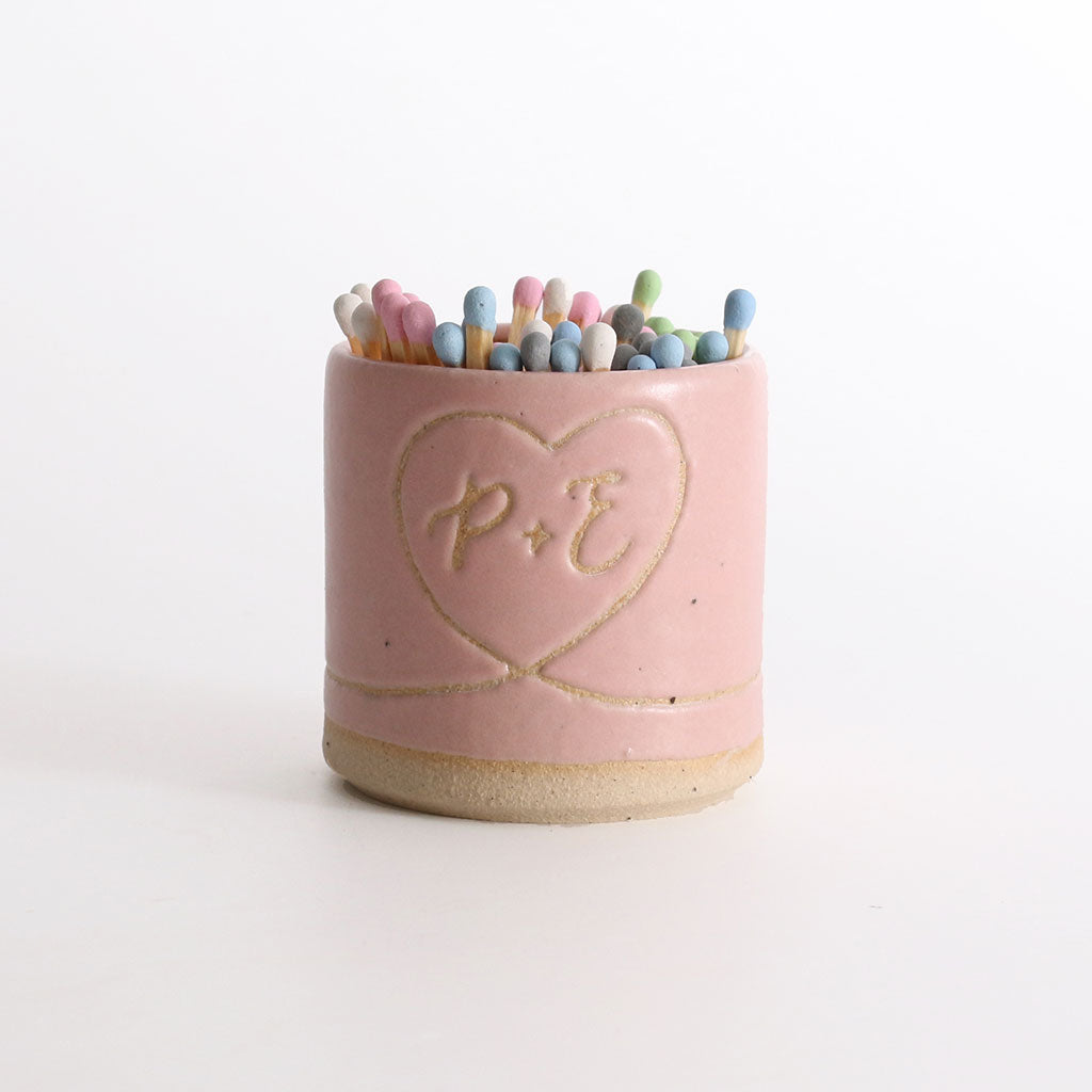 P+E It's A Match Personalised Match Striker Pot with pastel matches