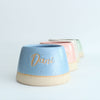 Row of pastel coloured personalised dog bowls, front reading 'Dani'