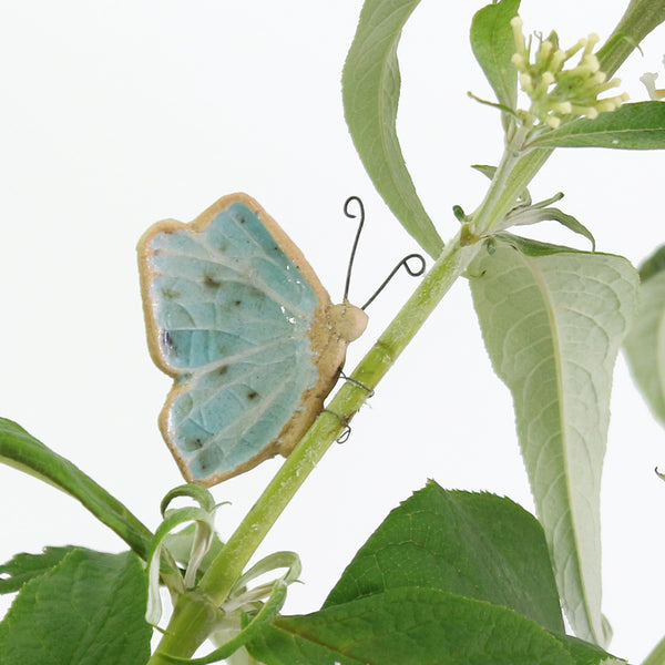 ceramic and glass light blue butterfly plant hugger on plant stem