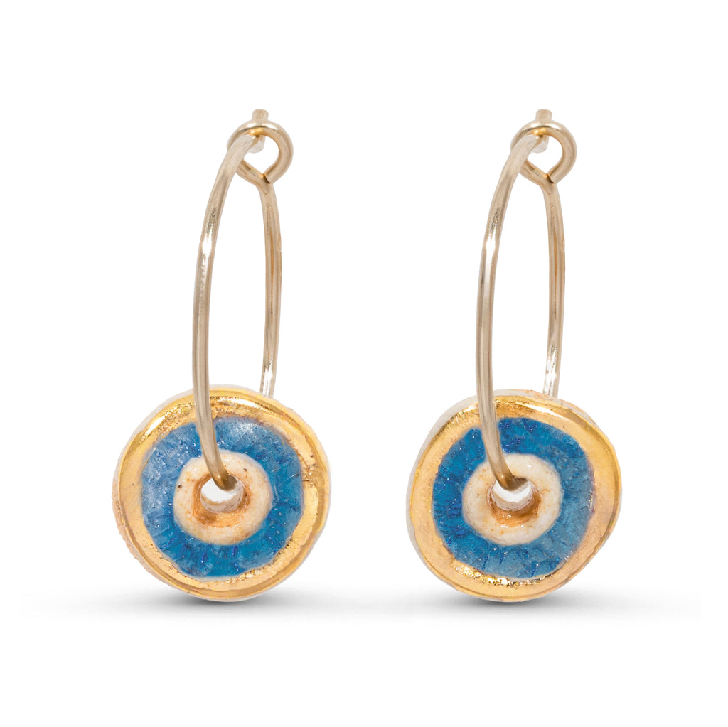 Blue glass circular gold fill small hoop earrings outlined in gold lustre