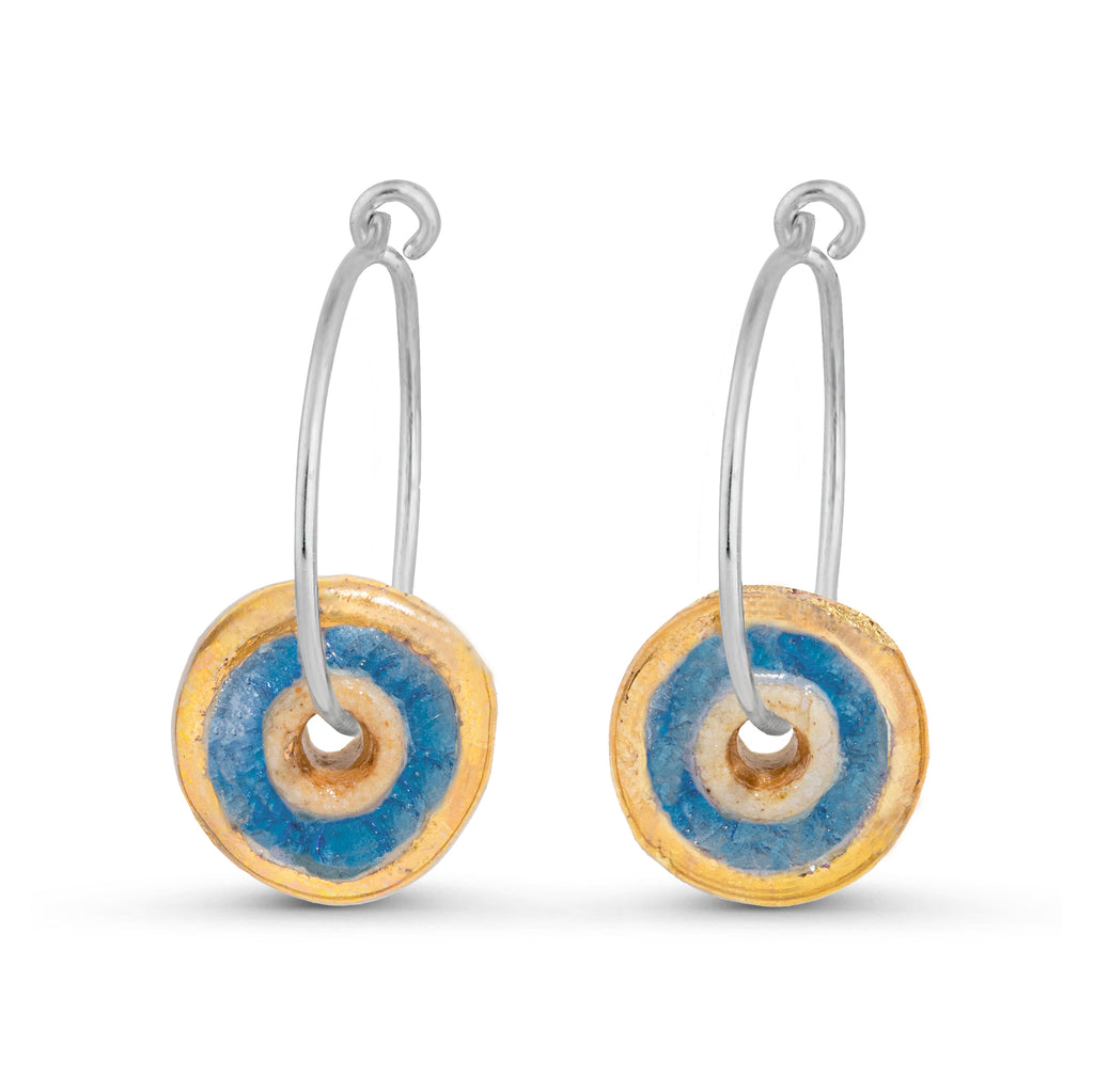 Blue glass circular small sterling silver hoop earrings outlined in gold lustre