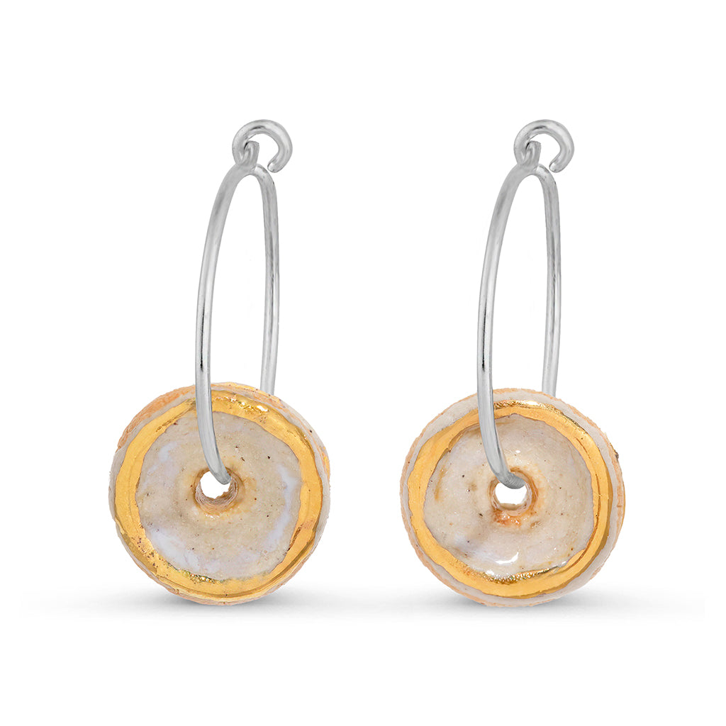 Crystal clear glass circular sterling silver small hoop earrings outlined in gold lustre