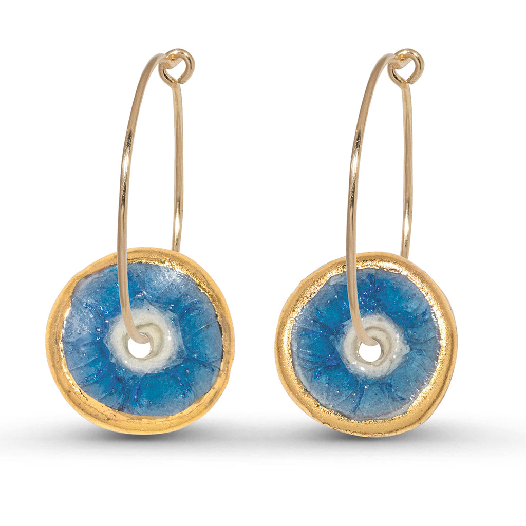 Blue glass circular gold fill large hoop earrings outlined in gold lustre