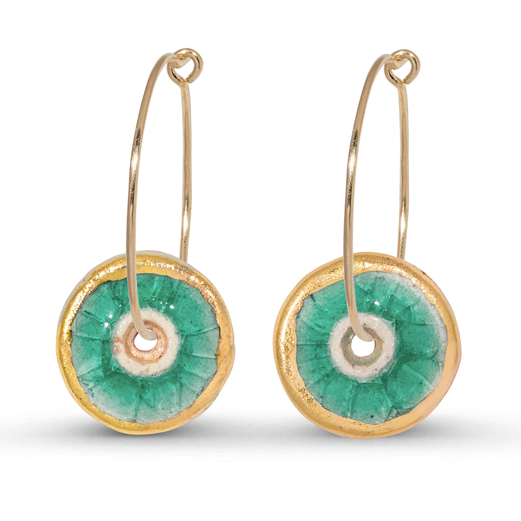 Emerald green glass circular gold fill large hoop earrings outlined in gold lustre