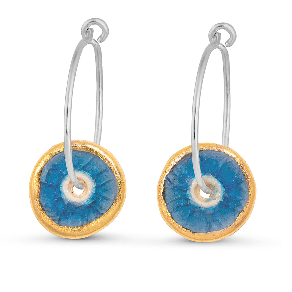 Blue glass circular sterling silver large hoop earrings outlined in gold lustre