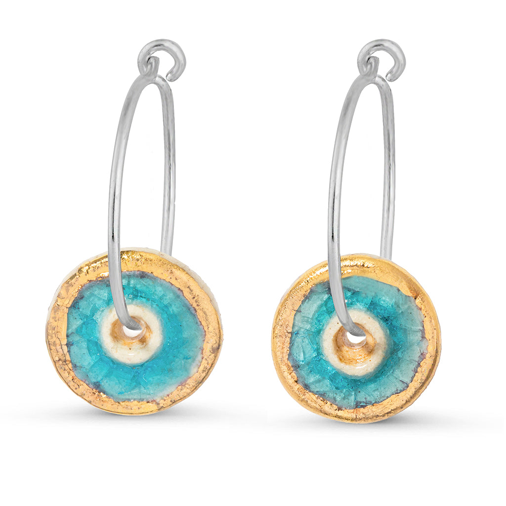 Turquoise blue glass circular sterling silver large hoop earrings outlined in gold lustre