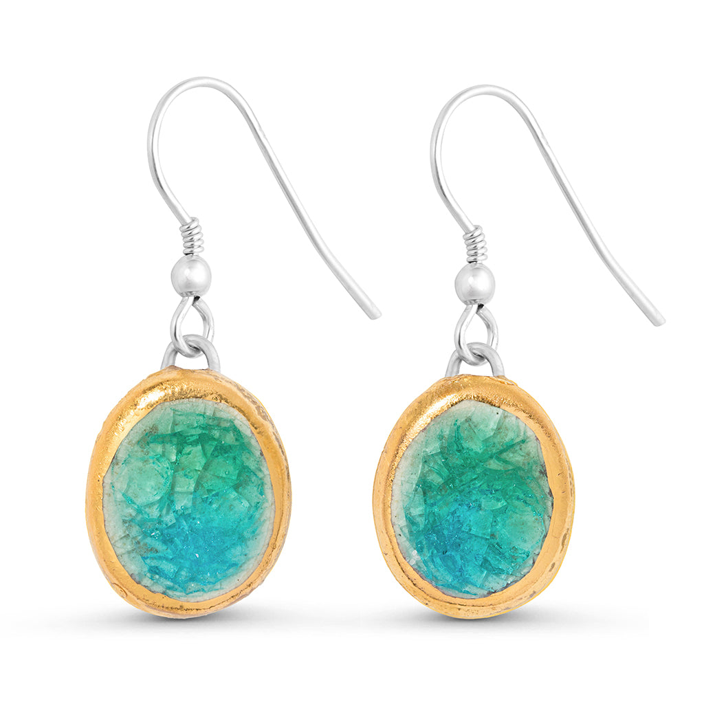 Emerald turquoise gradient lagoon glass oval sterling silver drop earrings outlined in gold lustre