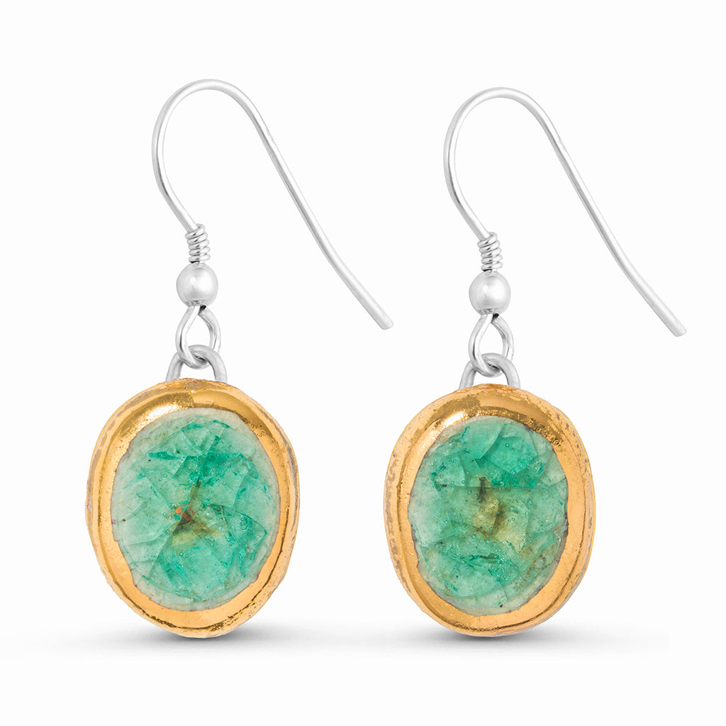 Emerald reef glass oval sterling silver drop earrings outlined in gold lustre