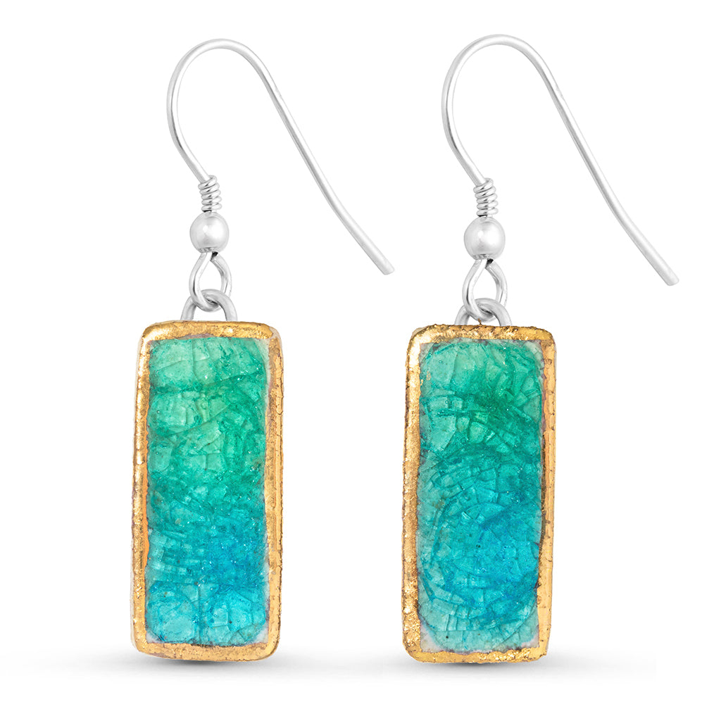 Emerald turquoise gradient lagoon glass rectangular sterling silver drop earrings outlined in gold lustre