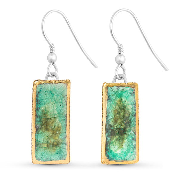 Emerald reef glass rectangular sterling silver drop earrings outlined in gold lustre