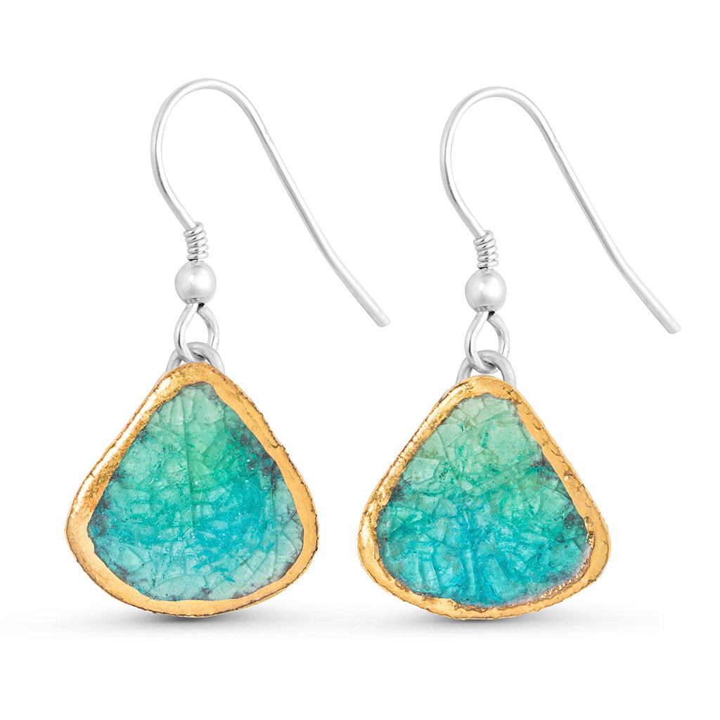 Emerald turquoise gradient lagoon glass teardrop sterling silver drop earrings outlined in gold lustre