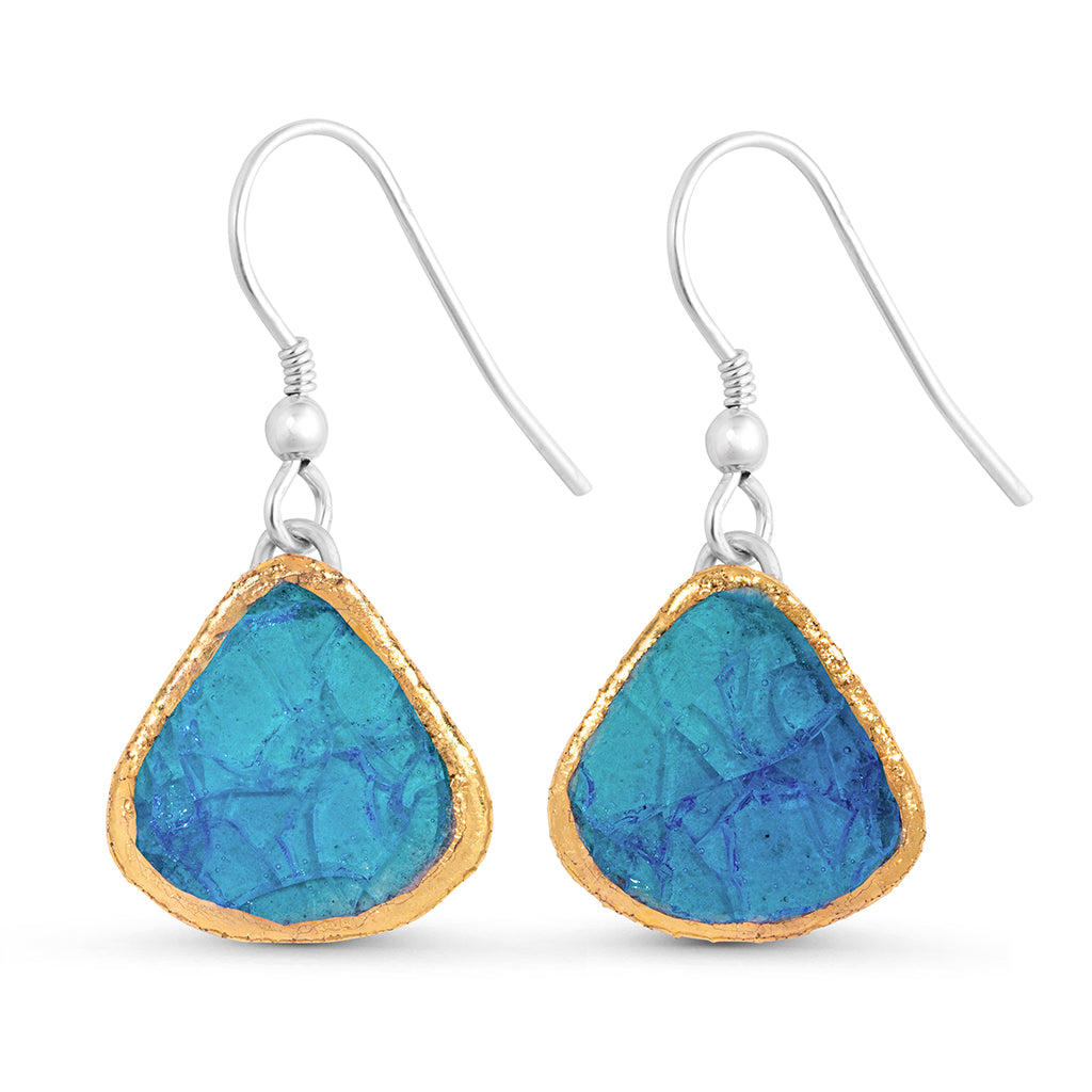 Turquoise blue gradient lagoon glass teardrop sterling silver drop earrings outlined in gold lustre