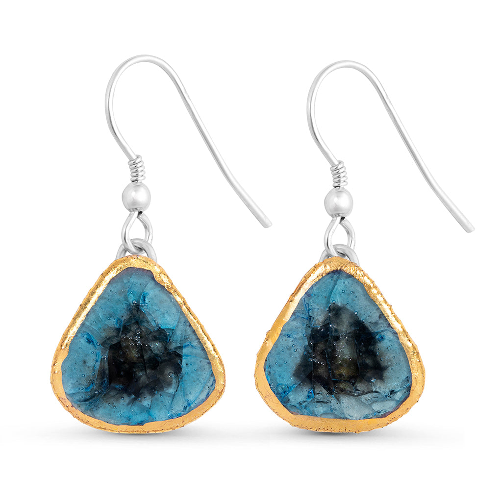 Blue reef glass teardrop sterling silver drop earrings outlined in gold lustre