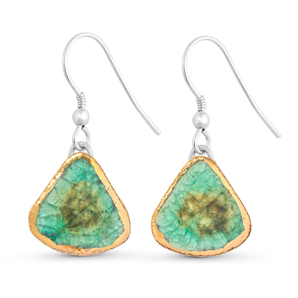 Emerald reef glass teardrop sterling silver drop earrings outlined in gold lustre