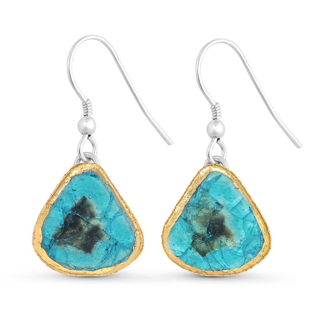 Turquoise reef glass teardrop sterling silver drop earrings outlined in gold lustre