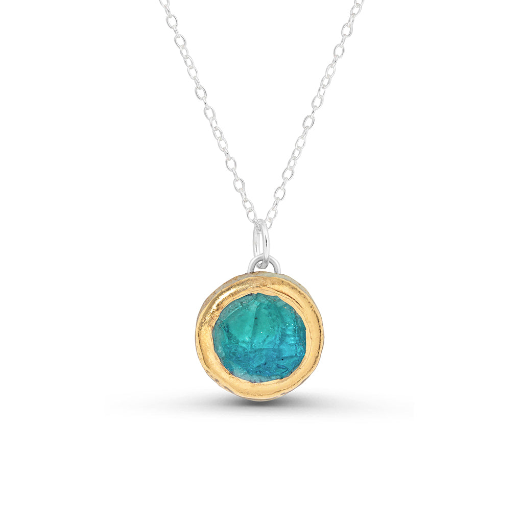 Turquoise emerald gradient lagoon glass small round sterling silver necklace outlined in gold lustre