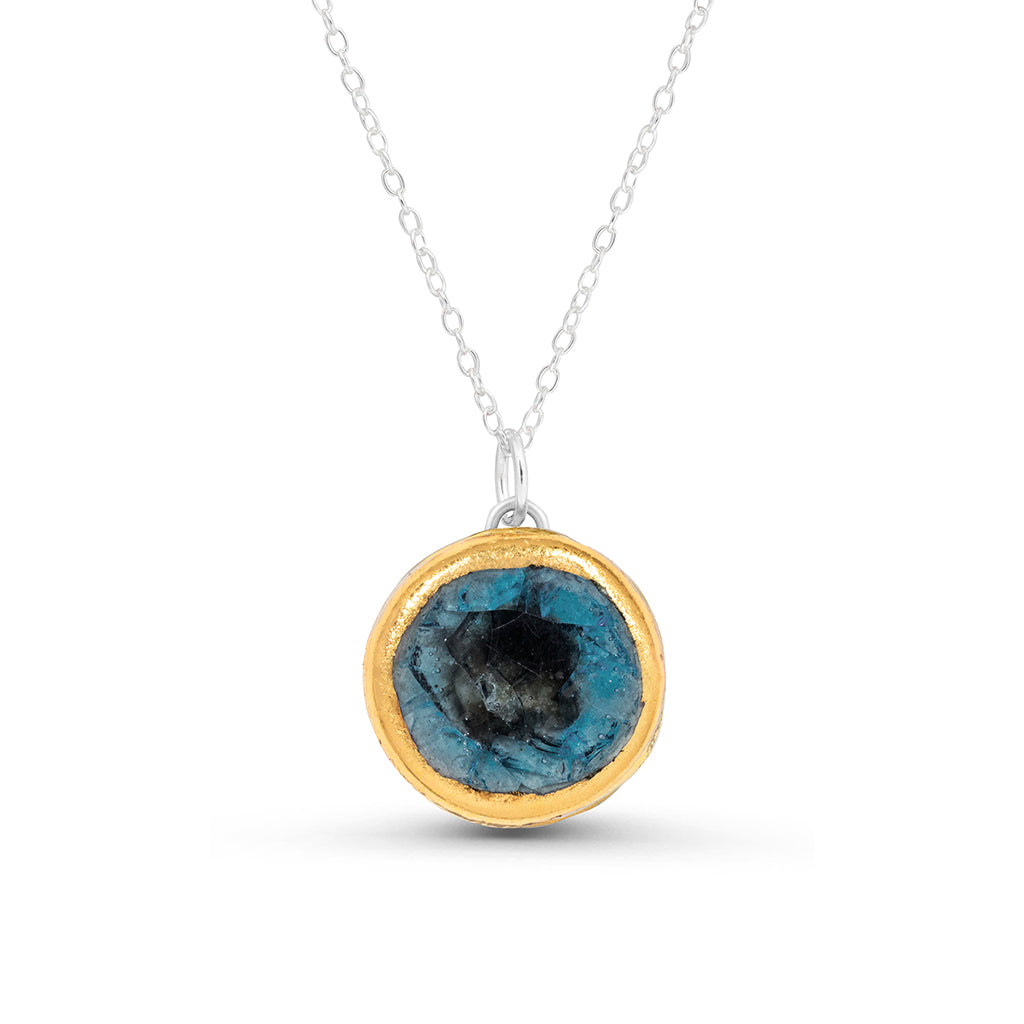 Blue reef glass large round sterling silver necklace outlined in gold lustre