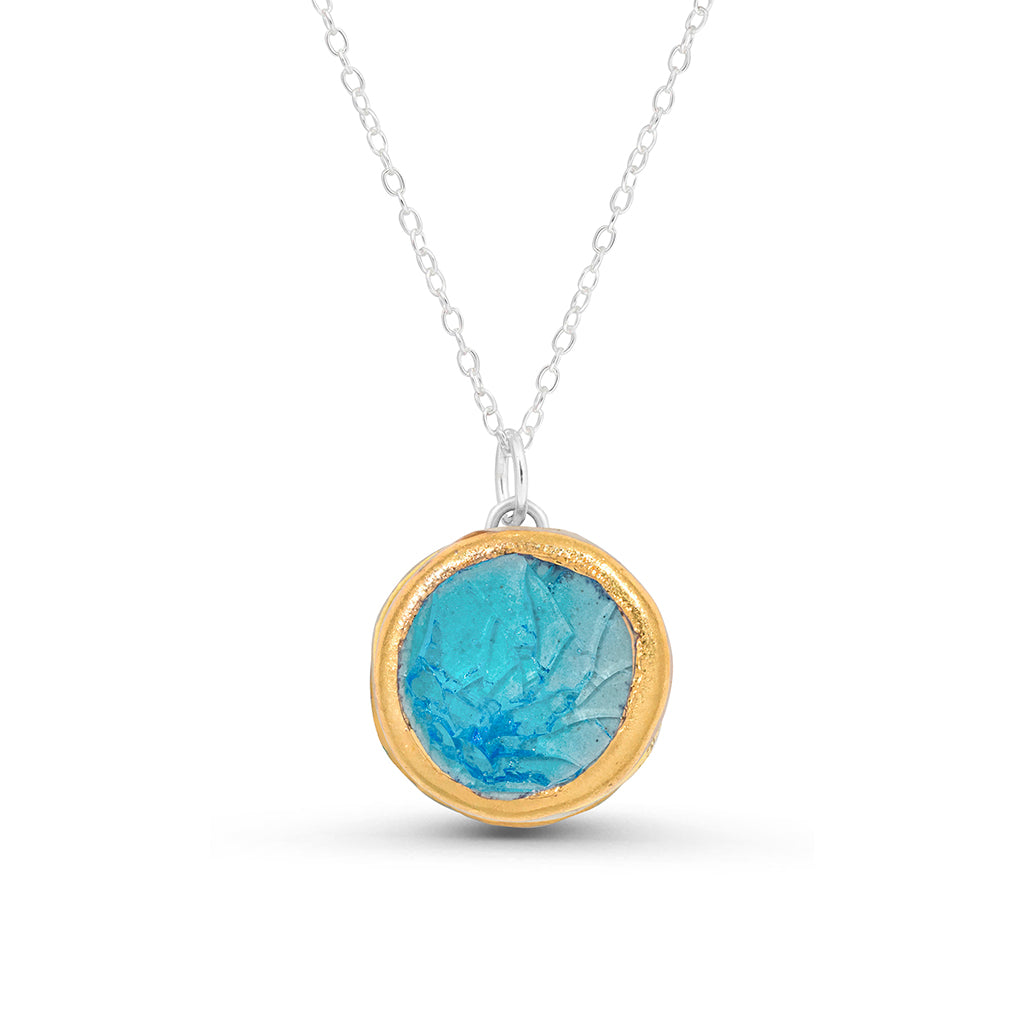 Turquoise blue gradient lagoon glass large round sterling silver necklace outlined in gold lustre