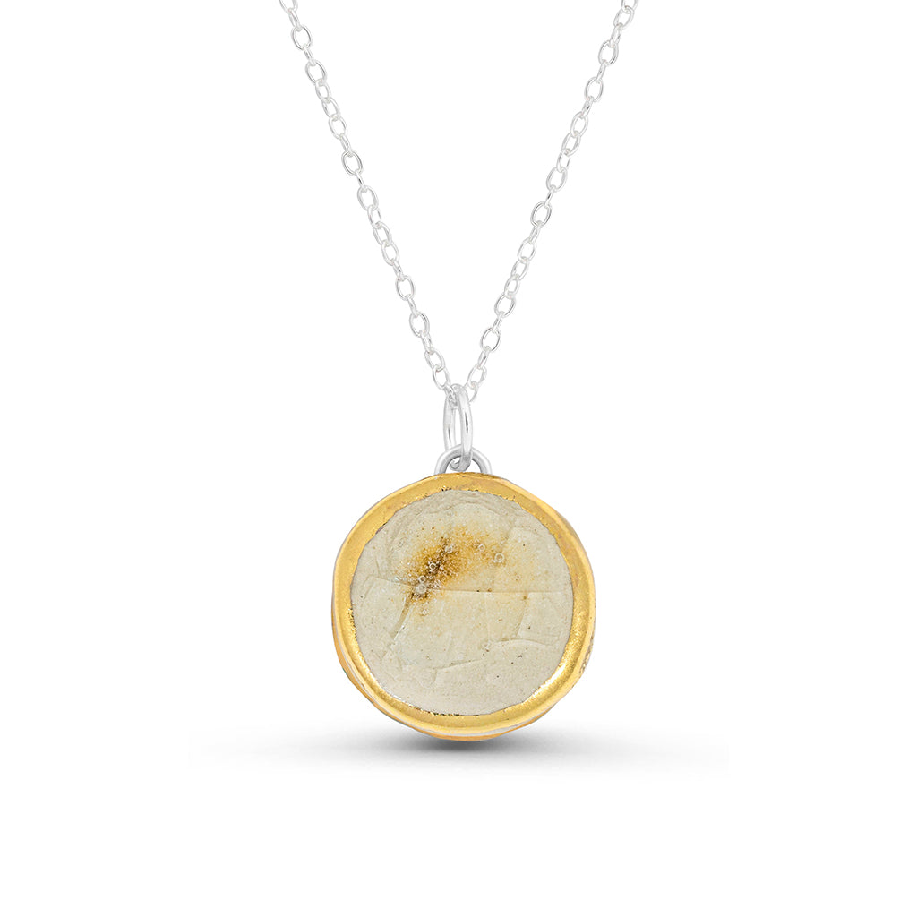 Crystal clear glass large round sterling silver necklace outlined in gold lustre