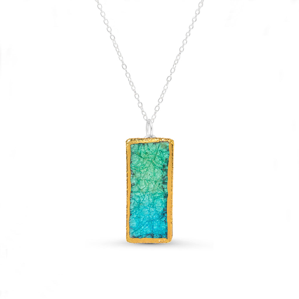 Emerald green turquoise gradient lagoon glass small rectangular drop sterling silver necklace outlined in gold lustre