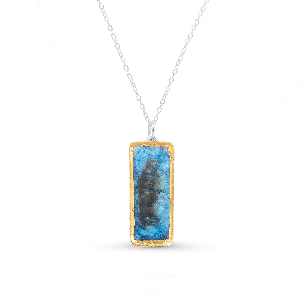 Blue reef glass small rectangular drop sterling silver necklace outlined in gold lustre