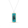 Turquoise reef glass small rectangular drop sterling silver necklace outlined in gold lustre