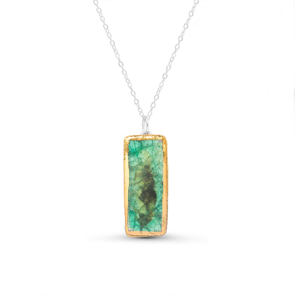 Emerald green reef glass small rectangular drop sterling silver necklace outlined in gold lustre