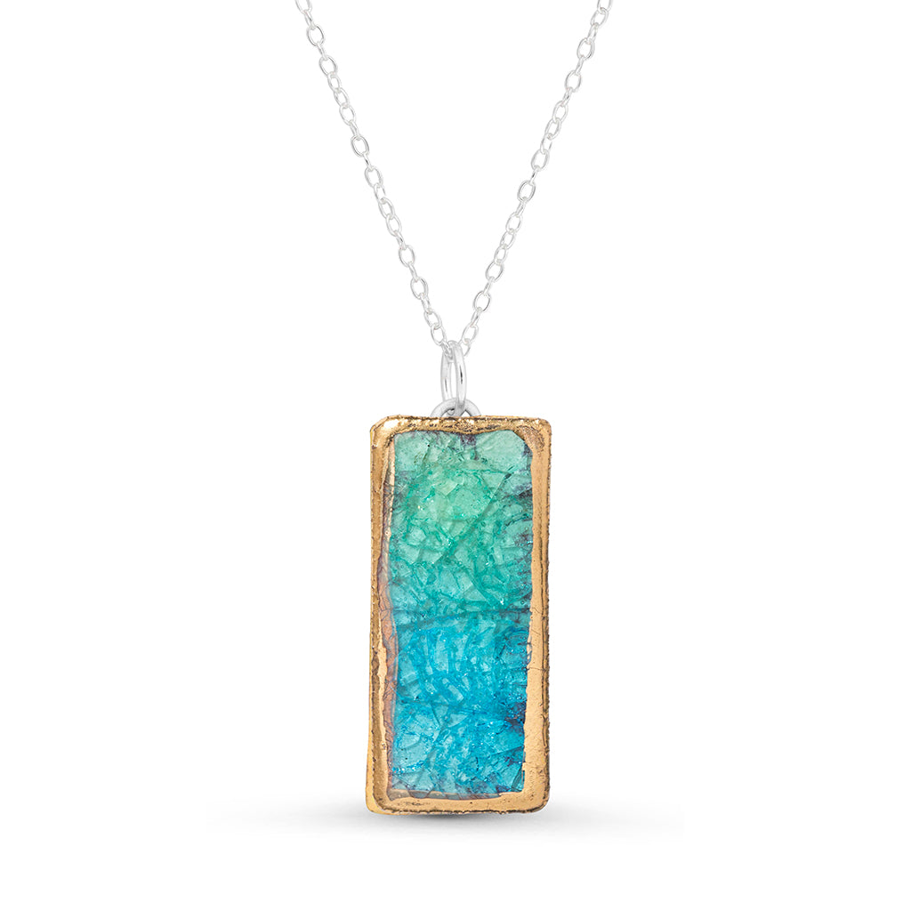 Emerald turquoise gradient lagoon glass large rectangular drop sterling silver necklace outlined in gold lustre