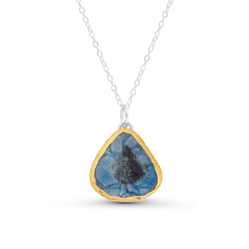 Blue reef crackled glass teardrop sterling silver necklace outlined in gold lustre