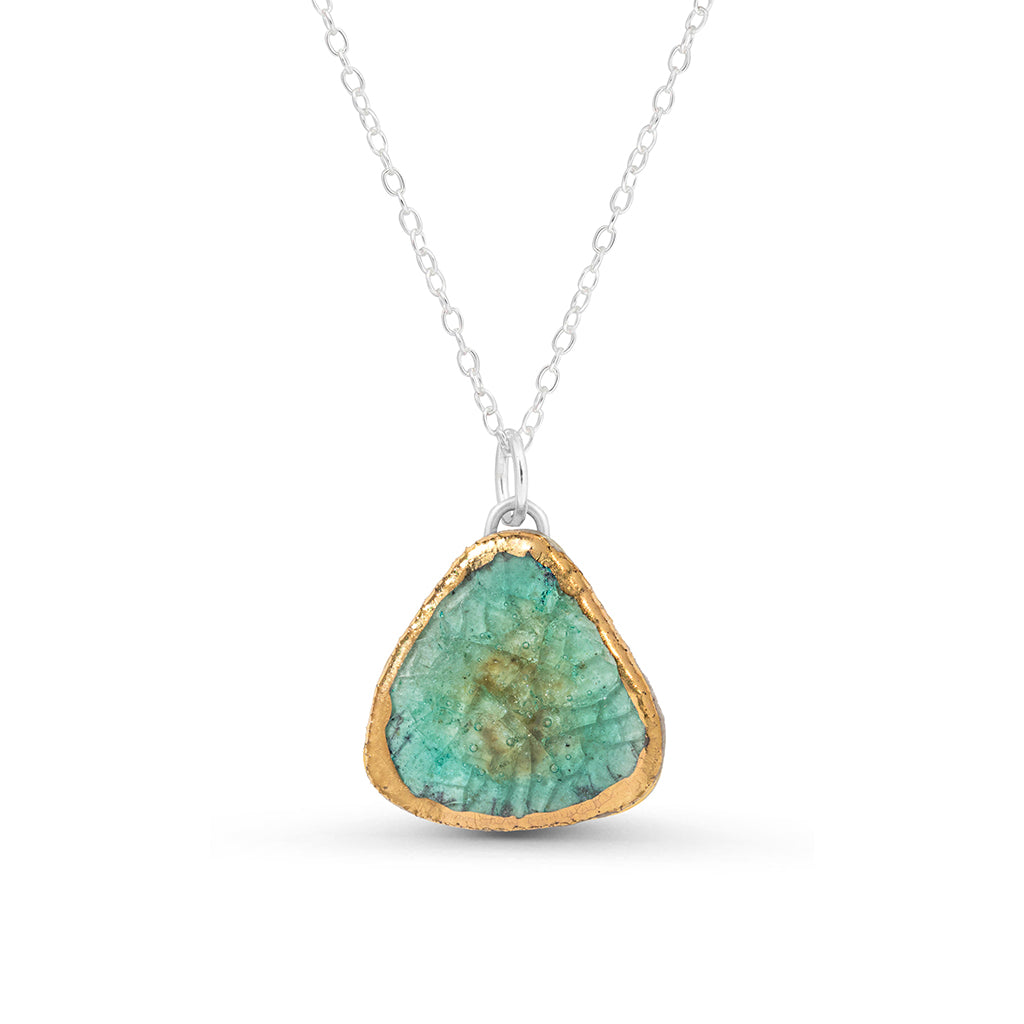 Emerald green reef crackled glass teardrop sterling silver necklace outlined in gold lustre