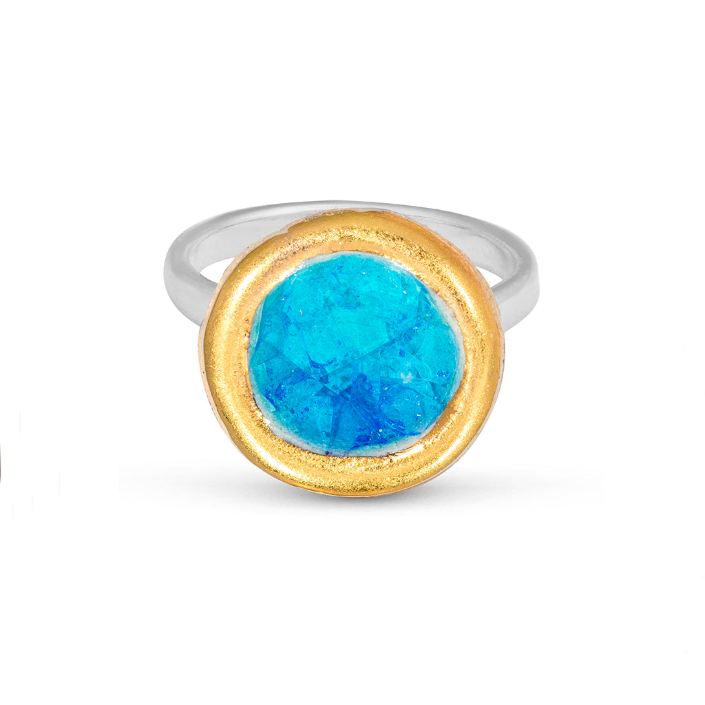 Turquoise blue gradient lagoon glass small round sterling silver adjustable ring gold lustre