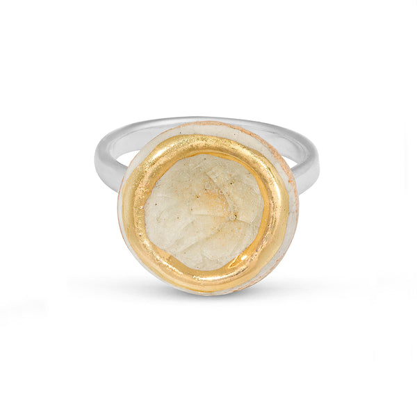 Crystal clear glass small round sterling silver adjustable ring gold lustre