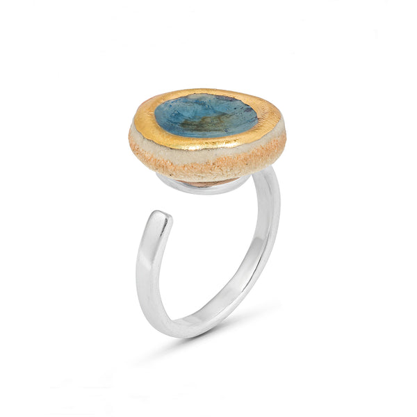 Side view of blue reef glass small round sterling silver adjustable ring gold lustre