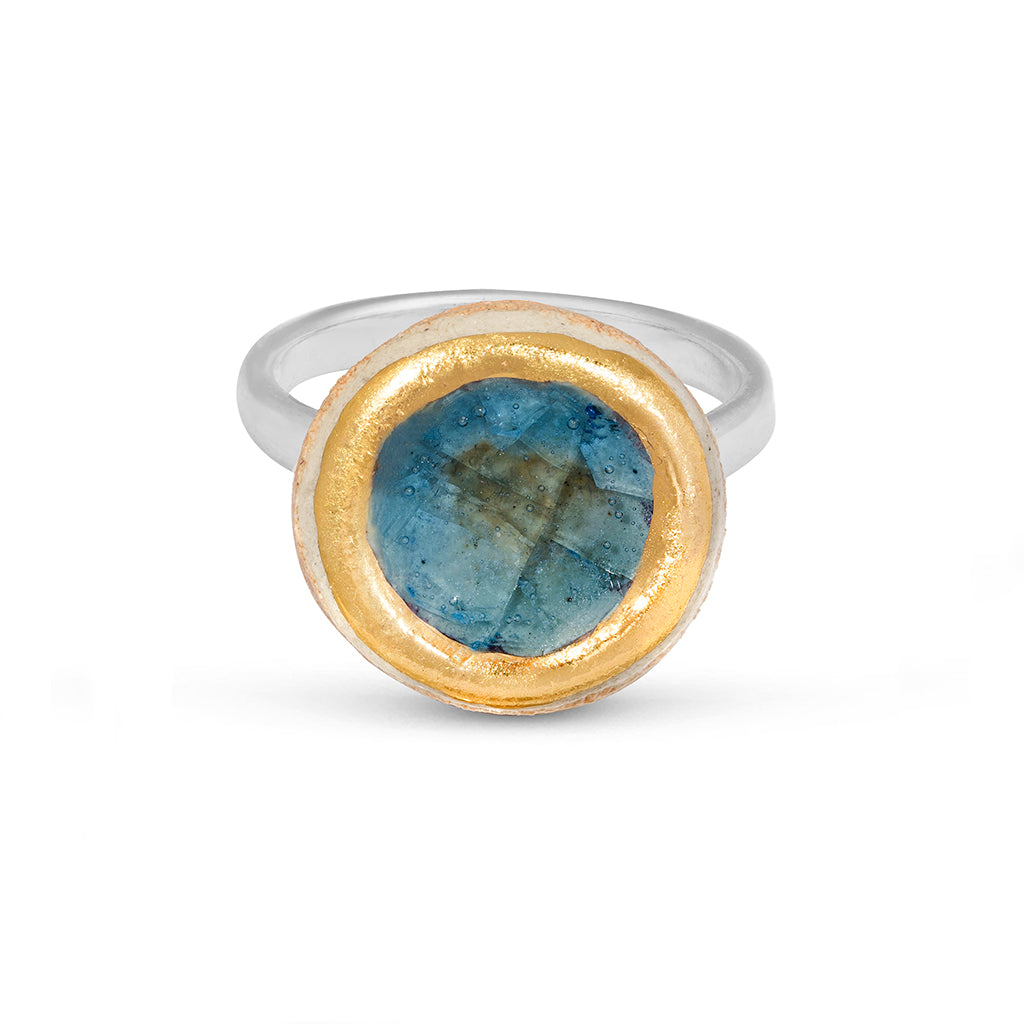 Blue reef glass small round sterling silver adjustable ring gold lustre