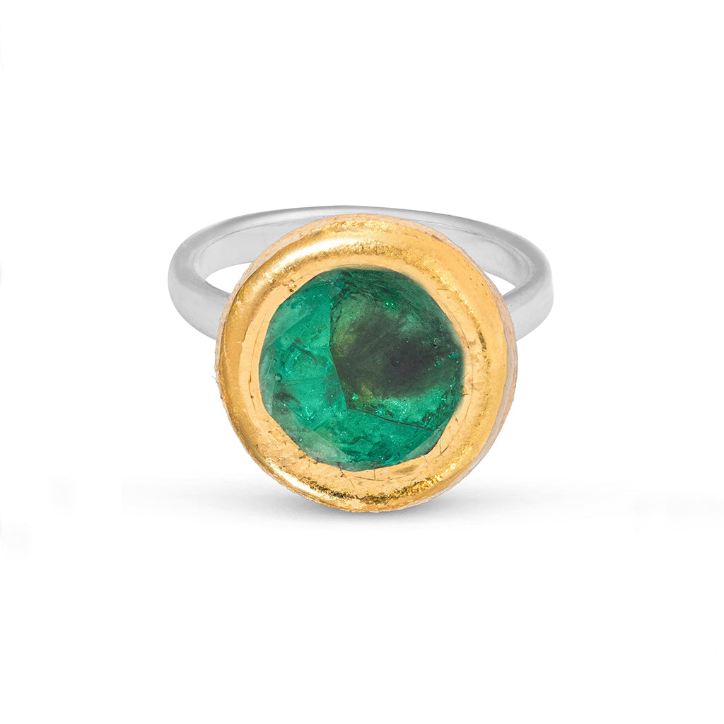 Emerald reef glass small round sterling silver adjustable ring gold lustre