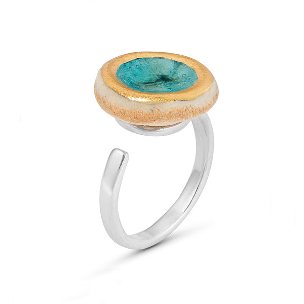 Side view of turquoise reef glass small round sterling silver adjustable ring gold lustre