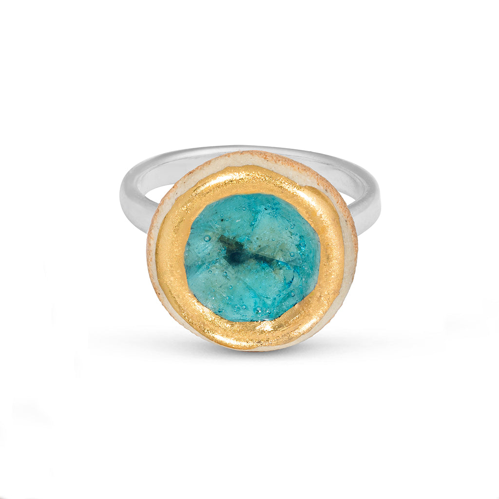 Turquoise reef glass small round sterling silver adjustable ring gold lustre