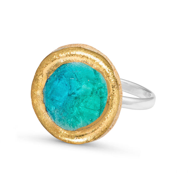 Turquoise emerald gradient lagoon glass large round sterling silver adjustable ring outlined in gold lustre