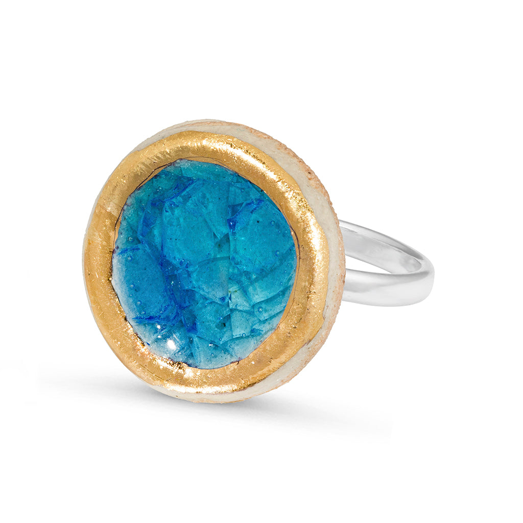 Turquoise blue gradient lagoon glass large round sterling silver adjustable ring outlined in gold lustre