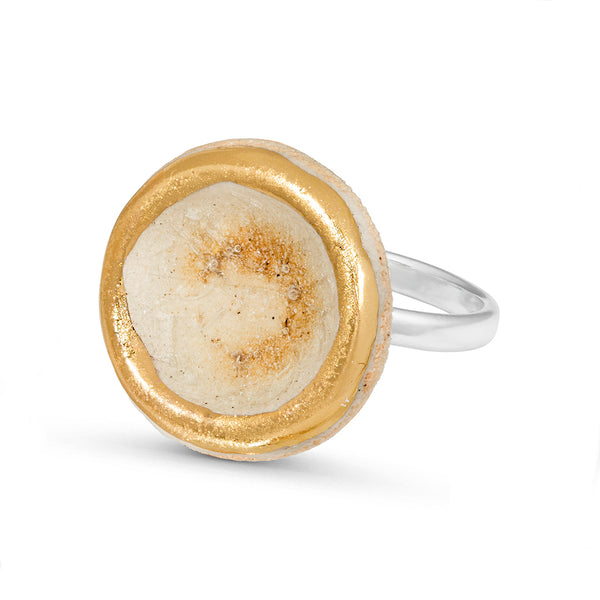 Crystal clear glass large round sterling silver adjustable ring outlined in gold lustre