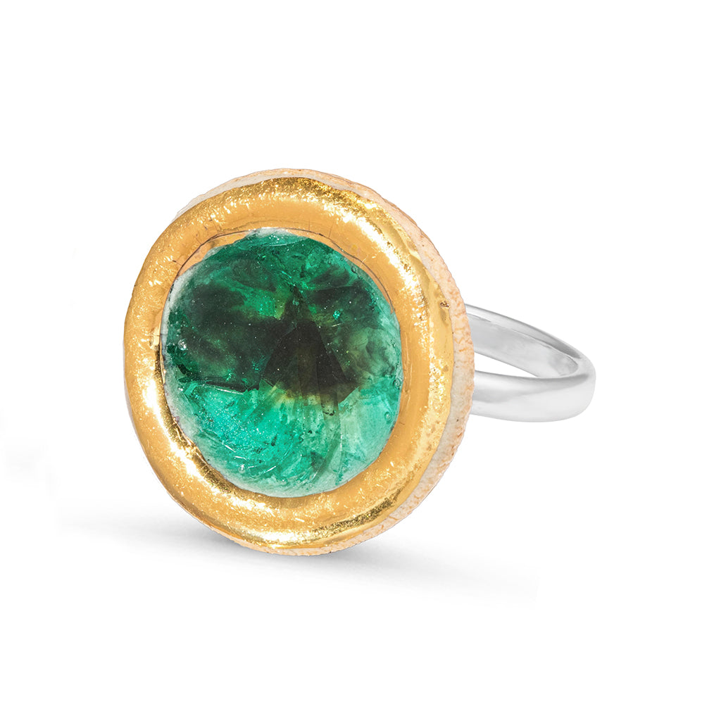 Emerald green reef glass large round sterling silver adjustable ring outlined in gold lustre