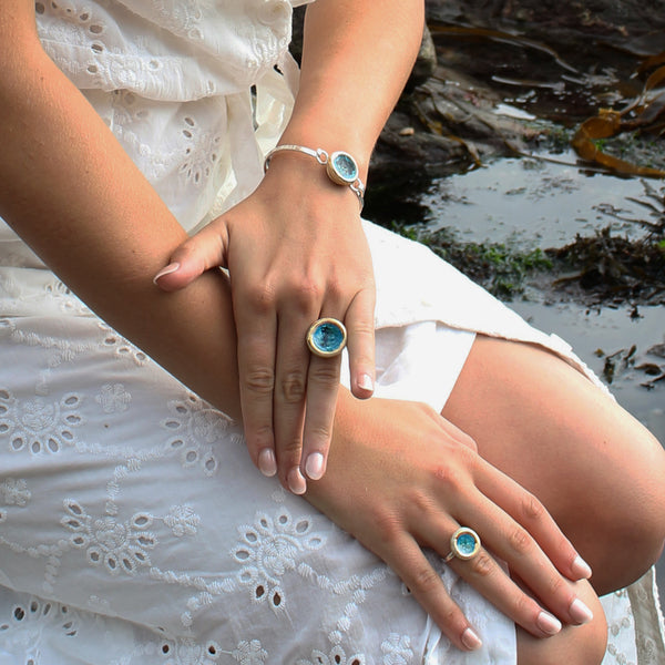 Turquoise Reef silver plated bangle and rings with gold lustre detailing - Habulous