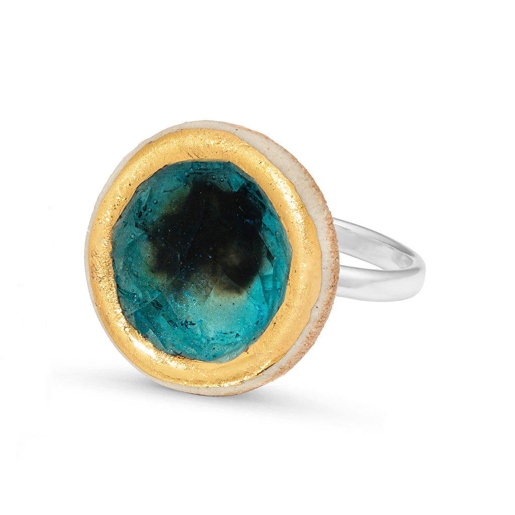 Turquoise reef glass large round sterling silver adjustable ring outlined in gold lustre