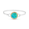 Turquoise emerald gradient lagoon crackled glass round charm outlined in gold lustre on a silver plated latch bangle