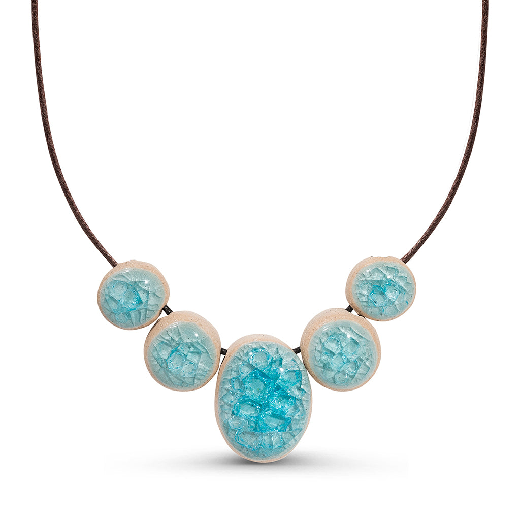 Recycled aqua blue crackled glass ceramic oval and circular beaded cord necklace