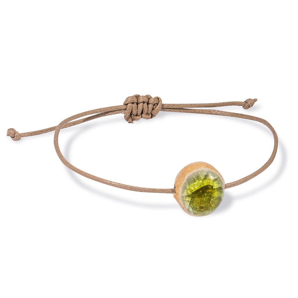 Recycled lime green crackled glass ceramic circular bead light brown cord bracelet 