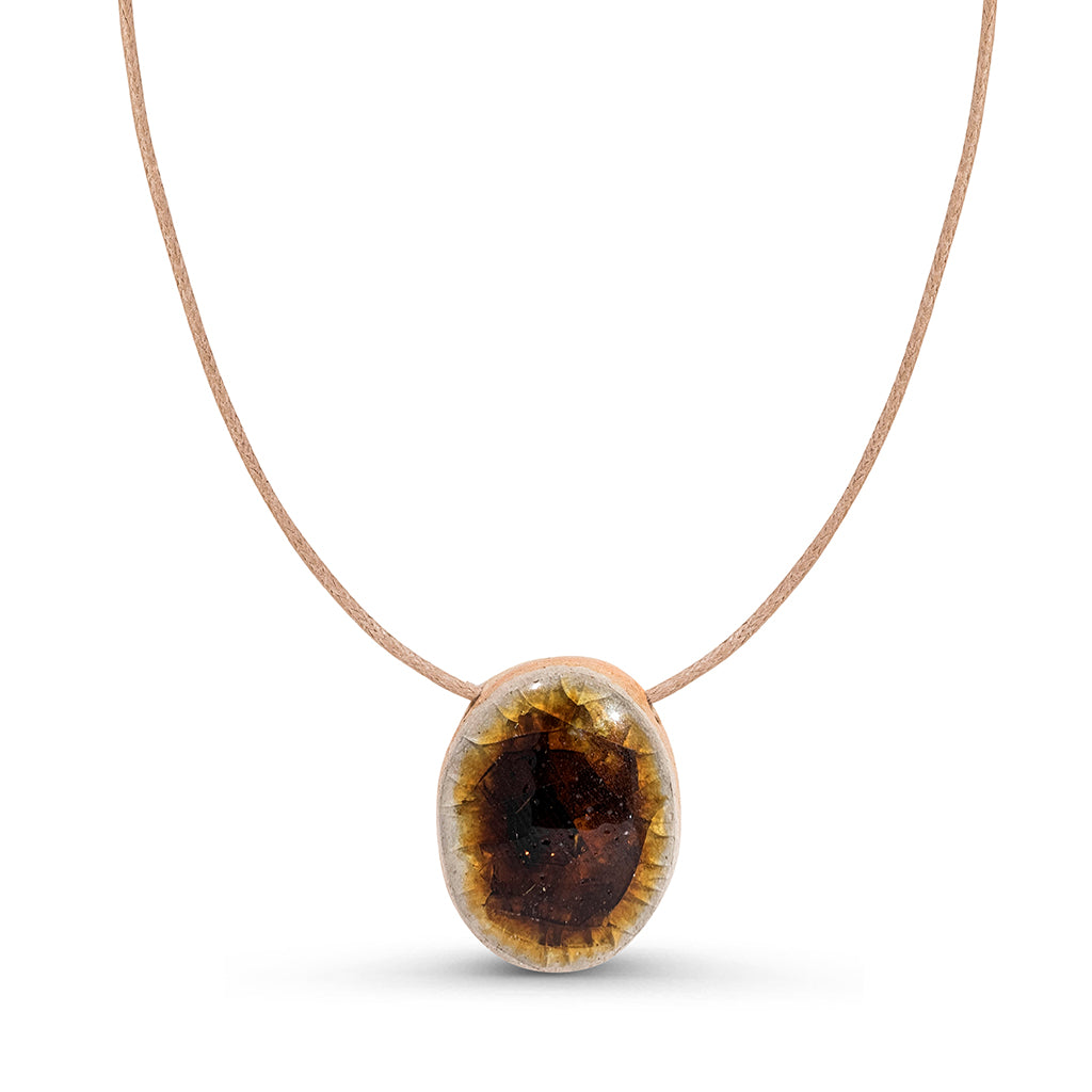 Recycled amber brown crackled glass ceramic oval cord necklace